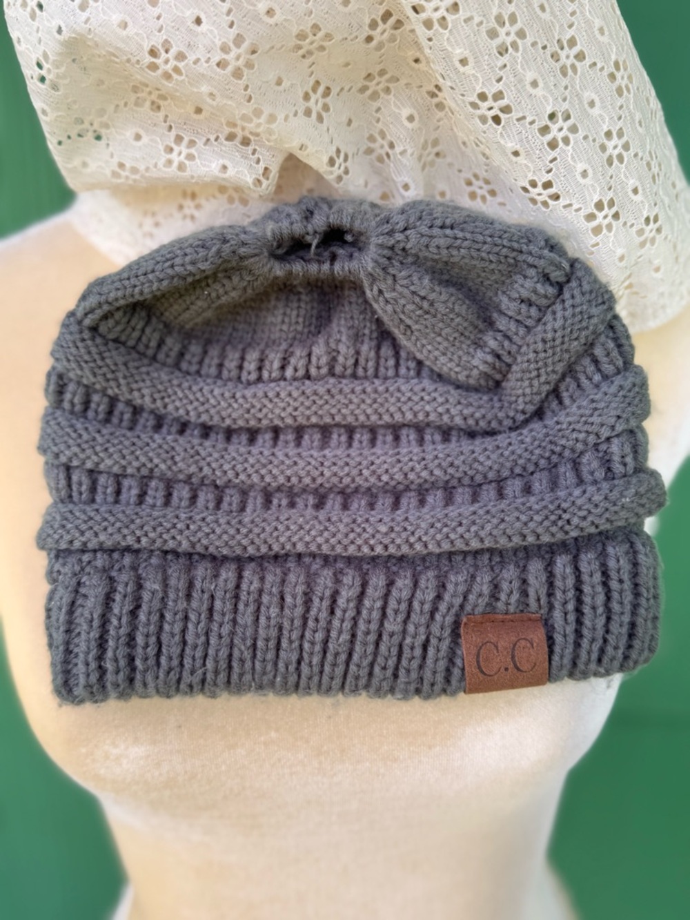 C.C Gray Knit Beanie with Ponytail Hole - Picture 3 of 4
